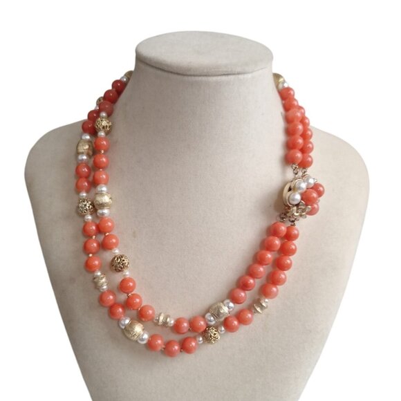 Unbranded Jewelry - Vtg Double Strand Gold Tone, Faux Pearl,& Coral Acrylic Beaded Necklace 17"